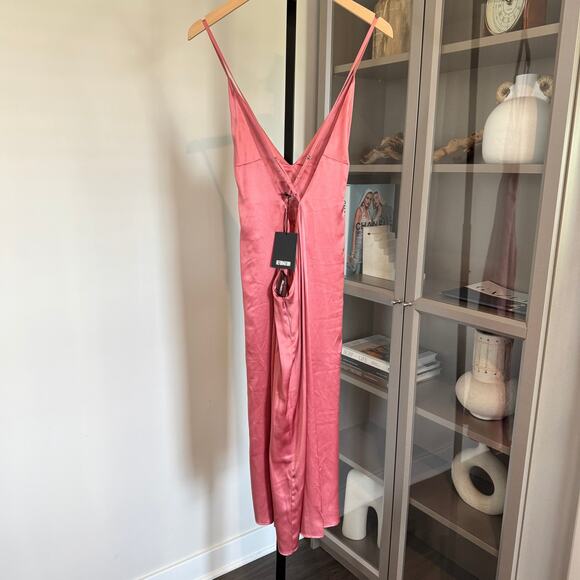 Reformation Liza Silk Dress NEW Valentine Pink V-Neck Knee Length Slip Dress 8 - Picture 3 of 7